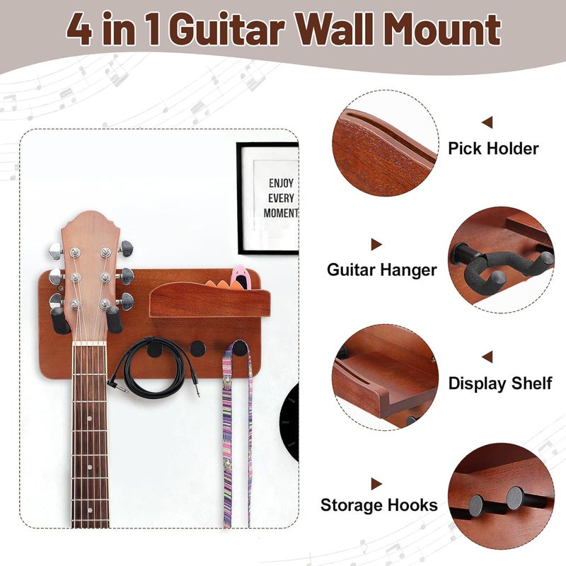 Outink Guitar Wall Mount Shelf with Pick Holder, Walnut Wood Guitar Hanger Rack with Rotatable Yoke and 3 Storage Hooks for Acoustic, Electric, Bass, Ukulele - Image 3